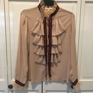 Ruffle navy red cream blouse